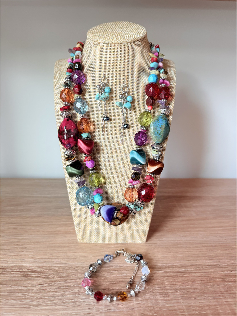 Bold Bohemian Statement Jewelry Set -Chunky Beaded Necklace, Earrings & Bracelet